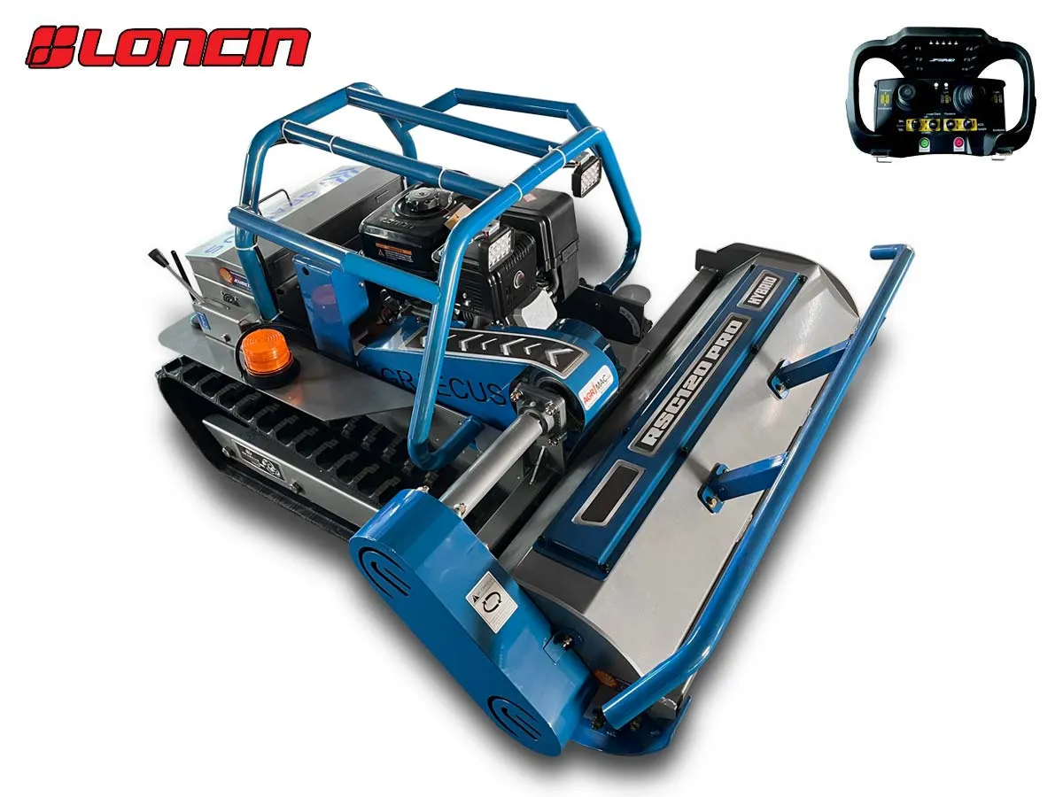 Graecus | RSC100 PRO Hybrid | Koop | Τηλεκατευθυνόμενος καταστροφέας 100εκ χόρτων και κλαδιών με μαχαίρια, υβριδικός, ερπυστριοφόρος, ραδιοχειριστήριο 150m, κινητήρα πετρελαίου 12hp 