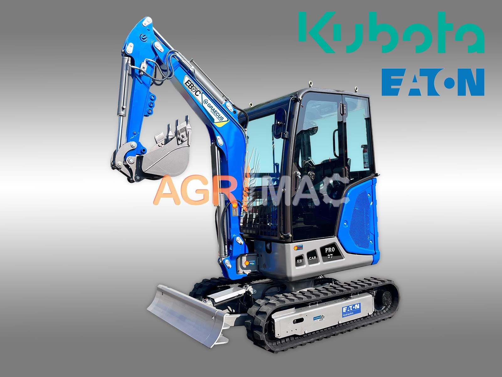 EB27C - PRO | Graecus | Μίνι εκσκαφέας με καμπίνα A/C 2.7T, Kubota Diesel, περιστροφή μπούμας, πτυσσόμενες ερπύστριες, πλαϊνούς μοχλούς χειρισμού και γραμμή σφύρας 