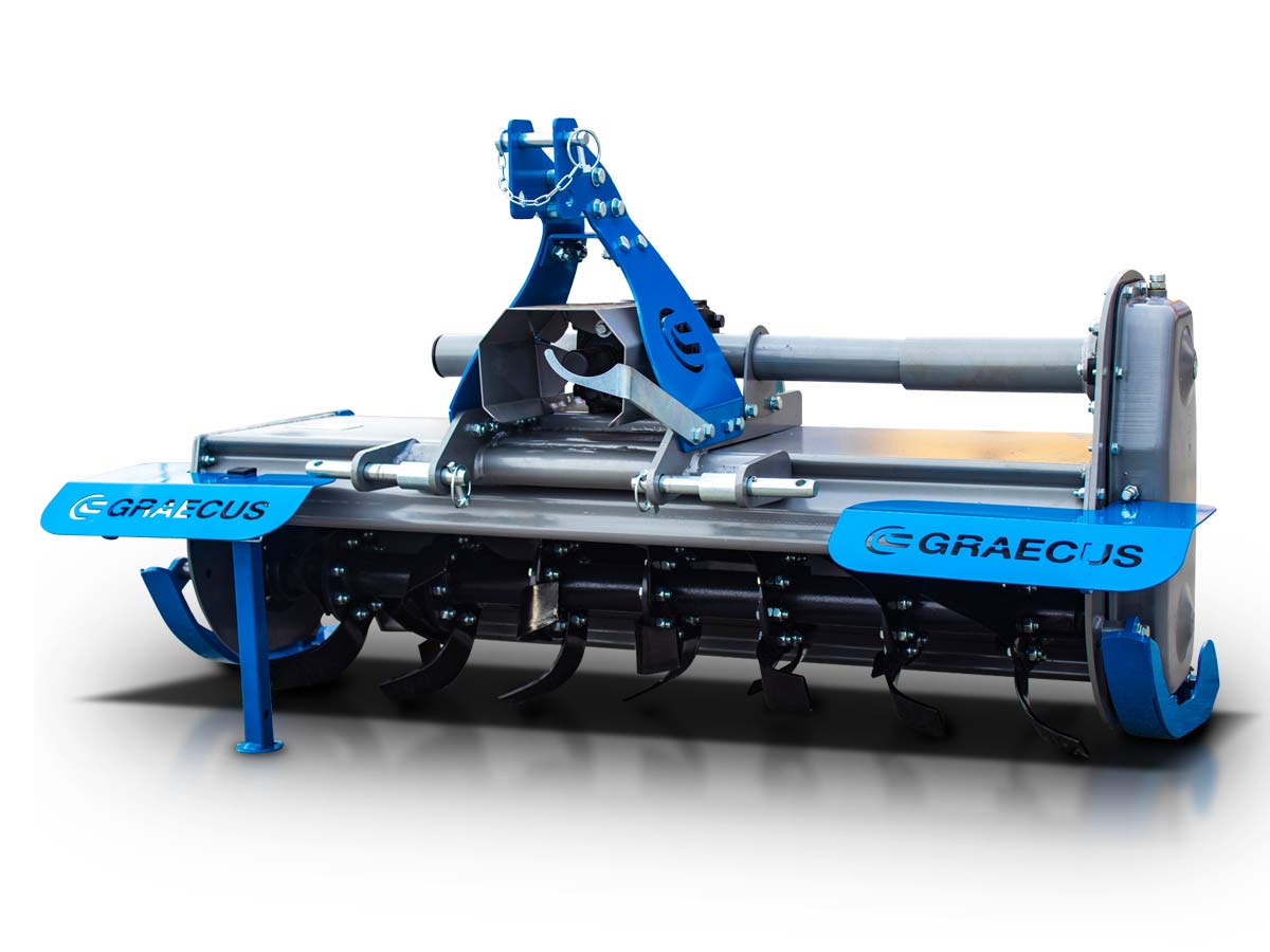 FREZA M115 | Graecus | Φρέζα μεσαίου τύπου συρταρωτή για μικρά τρακτέρ Solis, LS, Kubota κ.ά- με μηχανική μετατόπιση - επιφάνεια εργασίας 115εκ 